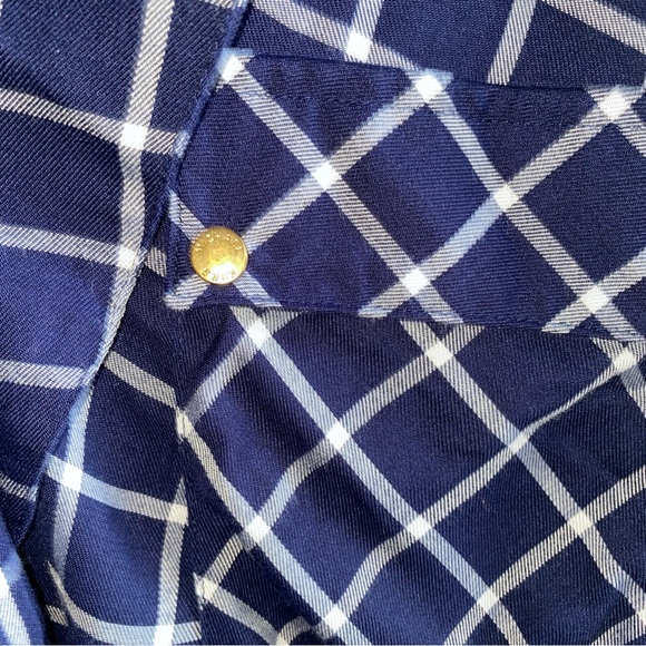 MICHAEL  Michael Kors Plaid Blouse Women’s Large Navy White‎ Plaid Gold Buttons - Picture 15 of 16